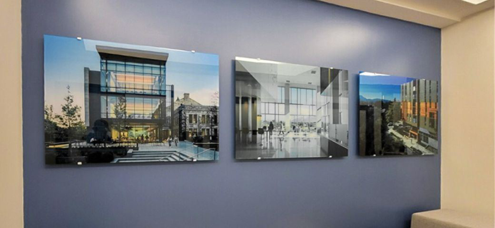 Clear glossy second surface acrylic prints in an office lobby